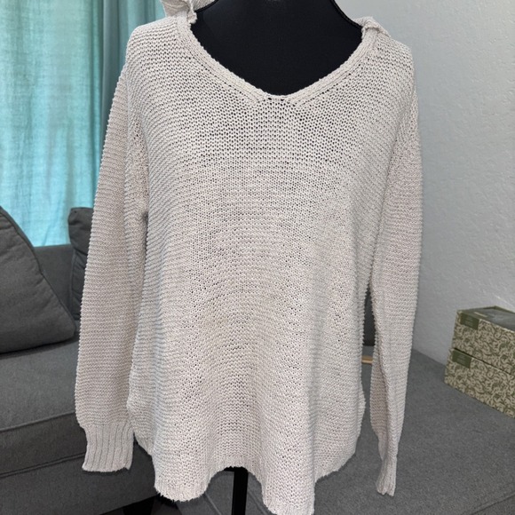 Eileen Fisher Sweaters - EILEEN FISHER Sweater M Linen Blend Hoodie Waffle Knit Pullover Beige
